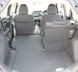 Honda Fit interior rear view, 60 40 split seat