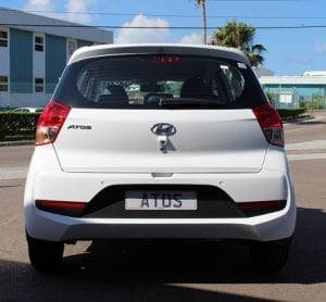 HYUNDAI ATOS rear view, white color, in front of Auto Solutions Showroom