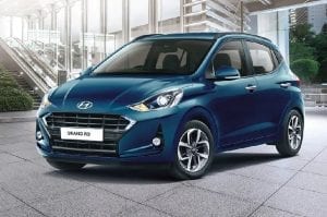 Hyundai Grand i10 diagonal parked, blue color, front left side view